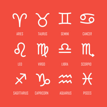 Set of zodiac symbols, white icons with shadow on the red background