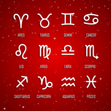 Set of zodiac symbols, white icons with shadow on the background of red starry sky
