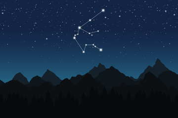 Vector illustration of Aquarius constellation on the background of starry sky and night mountain