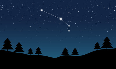 Vector illustration of Aries constellation on the background of starry sky and night landscape