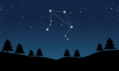 Vector illustration of Libra constellation on the background of starry sky and night landscape