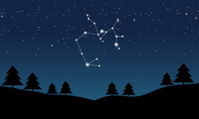 Vector illustration of Sagittarius constellation on the background of starry sky and night landscape