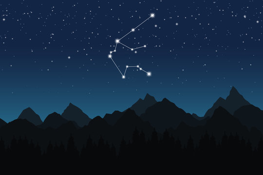 Vector illustration of Aquarius constellation on the background of starry sky and night mountain