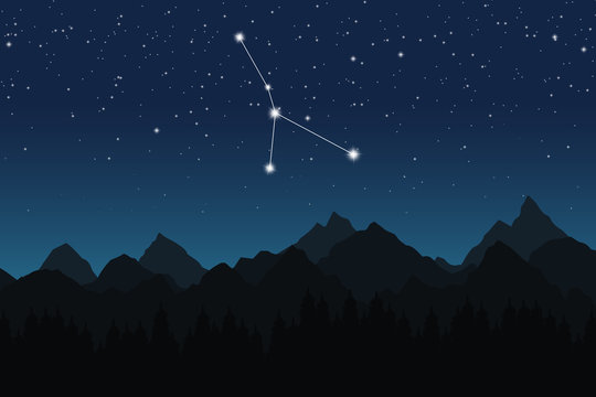 Vector illustration of Cancer constellation on the background of starry sky and night mountain