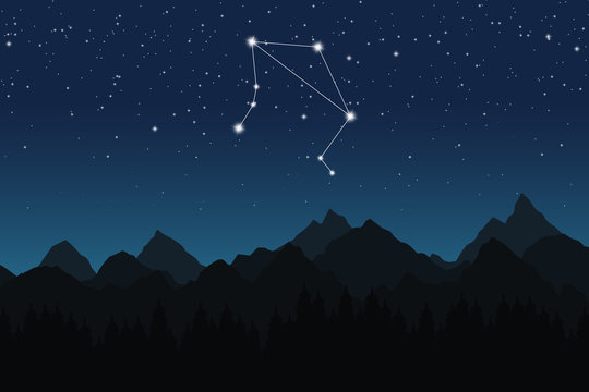 Vector illustration of Libra constellation on the background of starry sky and night mountain