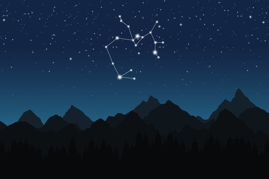 Vector illustration of Sagittarius constellation on the background of starry sky and night mountain