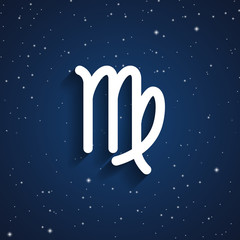 Virgo zodiac symbol, white zodiac icon on the background of dark blue starry sky