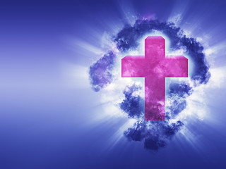 Obraz premium Christian cross appears in the sky through the clouds and lightning. Horizontal image.