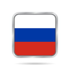 Flag of Russia. Shiny metallic gray square button.