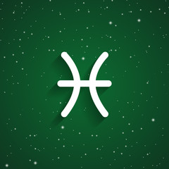 Pisces  zodiac symbol, white zodiac icon on the background of green starry sky