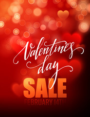 Naklejka na ściany i meble Valentines day sale, poster template on abstract background with hearts and bokeh circles. Vector illustration