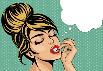 Pop art comic style woman with close eyes dreaming, vector