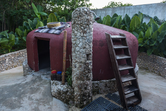 CANCUN, MEXICO - JULE 30, 2013: A visit to the national Mayan Temazcal sauna.