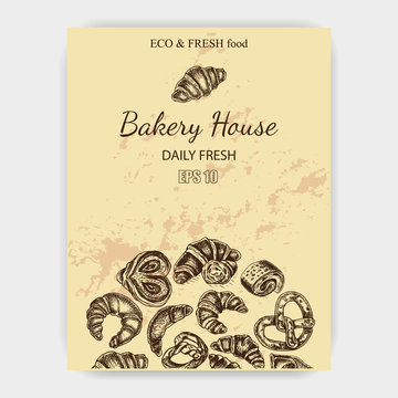 Vector illustration sketch. bread, croissant, buns, puffs. Pattern bakery house with fresh pastry.