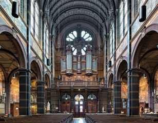 Interior of Basilica of St. Nicholas (Nicolaaskerk) in Amsterdam, the city's major Catholic church,...