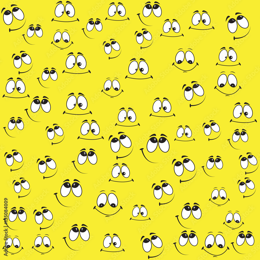 Poster pattern of funny smiles on a yellow background. comic facial expression.