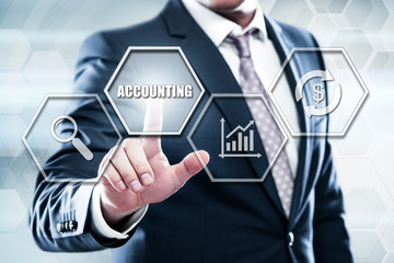 Fototapeta na wymiar Business, technology, internet concept on hexagons and transparent honeycomb background. Businessman pressing button on touch screen interface and select accounting