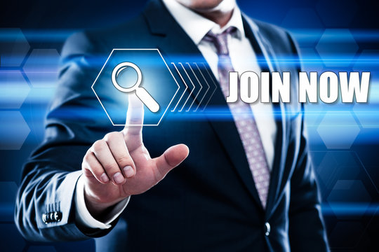 Business, technology, internet concept on hexagons and transparent honeycomb background. Businessman pressing button on touch screen interface and select join now