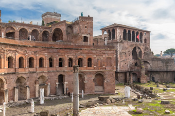 Rome, Italy. Trajan Market ruins, 106 - 113 years. Right - the House of the Knights of Rhodes, XII century.