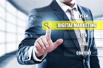 Digital Marketing Content Planning Advertising Strategy concept on presentation screen. Man pressing button on display with word in modern office