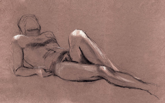 male nude lying figure. Hand drawn realistic sketch with charcoal, sanguine and white pastel