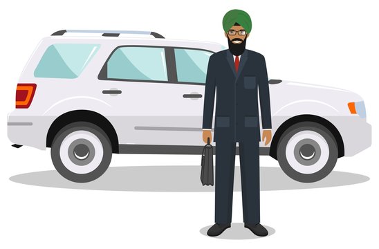 Indian businessman standing near the car on white background in flat style. Business concept. Flat design people character. Vector illustration.