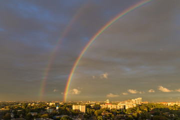 Rainbow over big city. Dnipro. Ukraine.
