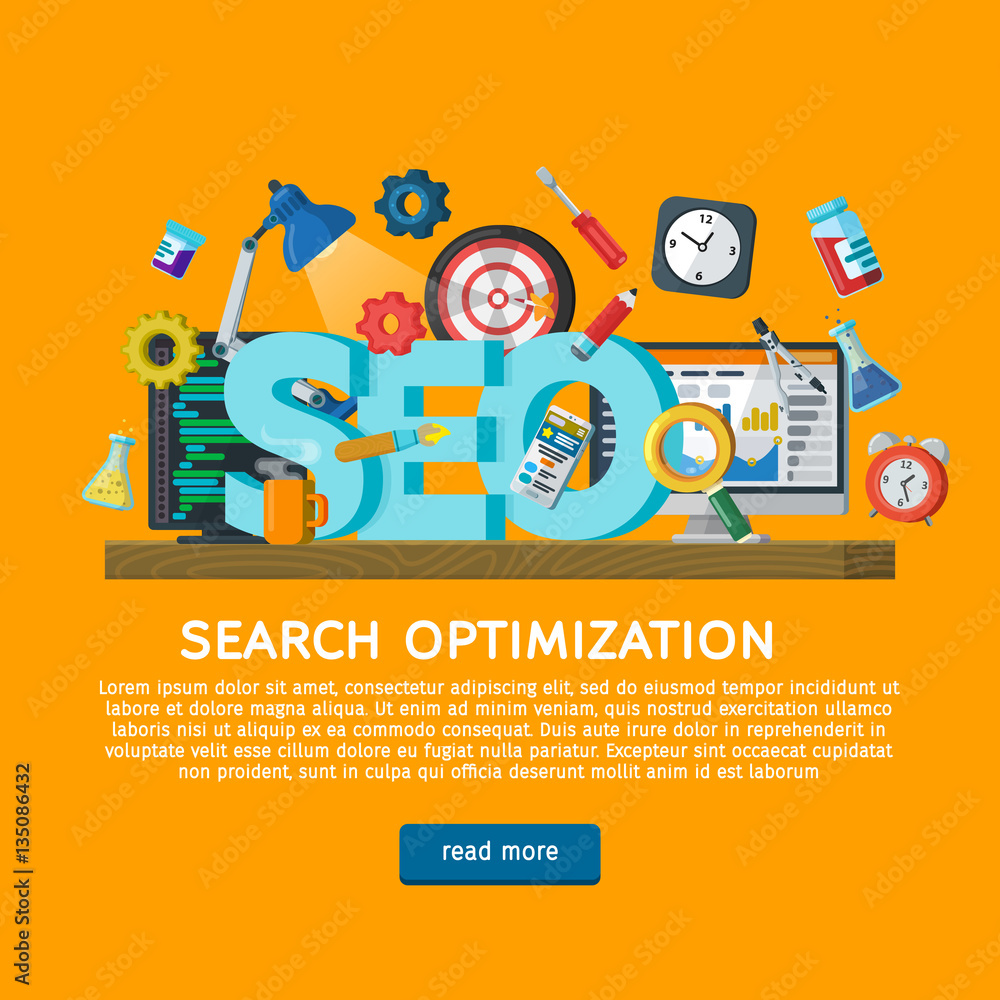 Poster workplace expert in seo. design concept for website promotion banner in flat style. website developm