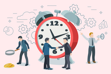 Startup work moments. Man with a magnifier, two people shake hands, a man with a loudspeaker. Time management and optimization of business processes. Alarm clock in a flat style. Vector illustration
