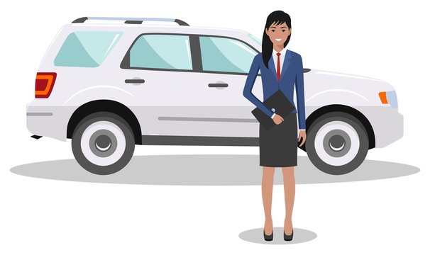 Businesswoman standing near the car on white background in flat style. Business concept. Detailed illustration of automobile and woman. Flat design people character. Vector illustration.