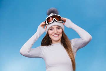 woman in thermal underwear ski googles