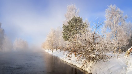 зимний пейзаж на берегу реки с туманом и с деревьями в инее, Россия, Урал, февраль