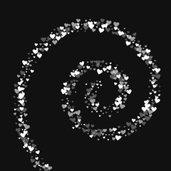 White hearts confetti. Spiral on black valentine background. Vector illustration.