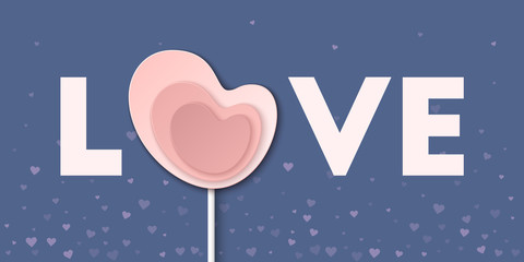 Pink love word with heart lollipop greeting card. Vector illustration.