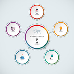 Infographic circle. Modern minimalistic template with 5 options. Vector banner, what can be used as circular chart, cycle diagram, graph, workflow layout for report, business presentation, web design.