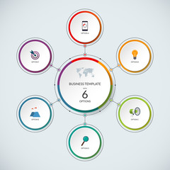 Infographic circle. Modern minimalistic template with 6 options. Vector banner, what can be used as circular chart, cycle diagram, graph, workflow layout for report, business presentation, web design.
