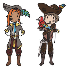 Doodle style pirate couple with pirate hats and a parrot