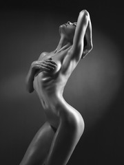 Elegant nude model in the light colored spotlights