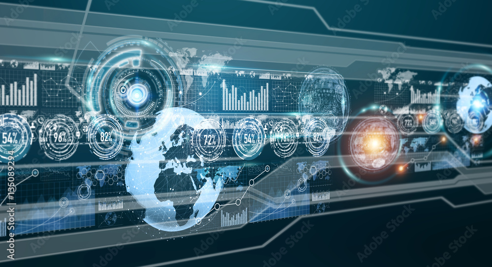 Poster Digital holograms with screens charts and statistics 3D renderin