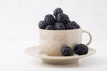 Fresh blackberry berries in a cup on white background
