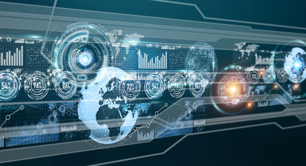 Digital holograms with screens charts and statistics 3D renderin