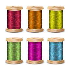 Thread Spool Set. Bright Old Wooden   Bobbin. Isolated On White Background For Needlework And Needlecraft. Stock Vector Illustration