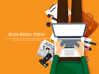 Mass media background in a flat style.Press conference with correspondent and reporter.Broadcasting.Multimedia news,newspaper.Tv show. Internet radio, television. Microphone. - obrazy, fototapety, plakaty