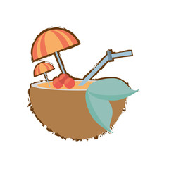coconut cocktail umbrella straw drink refreshment color sketch vector illustration eps 10