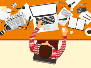 Mass media background in a flat style.Press conference with correspondent and reporter.Broadcasting.Multimedia news,newspaper.Tv show. Internet radio, television. Microphone.