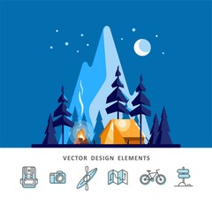 Summer camp. Night landscape with illuminated tent, forest and mountains in the background. Sport, camping, adventures in nature, vacation, and tourism vector illustration.