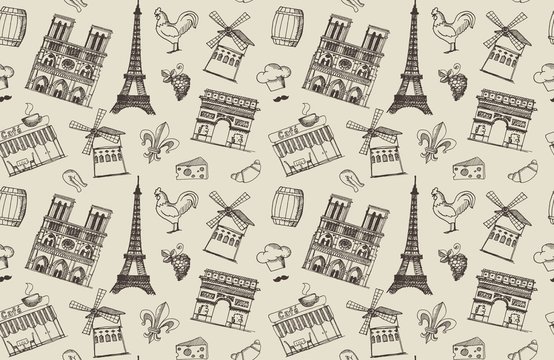 Seamless background with sketches on the theme of Paris and France