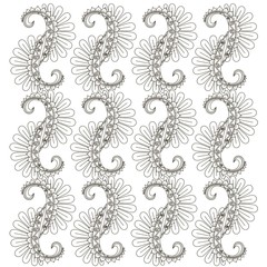 Symmetrical hand drawn blue, brown, pink, beige paisley pattern on blue, pastel color stock vector illustration