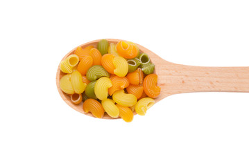 Pasta in spoon on white background