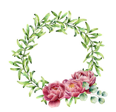 Watercolor greenery wreath with peony flowers and eucalyptus branch. Hand painted floral border isolated on white background. Botanical illustration with green herbs for design, print or fabric.